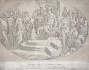 Alexandre et Timoclee, grawerowane przez Nicolasa Lesueura (1691-1764) (lito) autorstwa Perino del Vaga