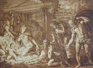 Adoracja pasterzy rytowana przez Elishaha Kirkhalla (1682-1742) 1724 (kolor lito) autorstwa Perino del Vaga