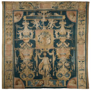 Arras alegoryczny przedstawiający Neptuna z cyklu Doria Grotesques, z centralnym figuralnym rondem nad Posejdonem, Bruksela, ok.1545-50 autorstwa Perino del Vaga