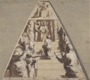 Prezentacja Dziewicy w świątyni poniżej, Abraham mający złożyć w ofierze Izaaka powyżej, 1520. autorstwa Perino del Vaga