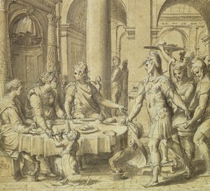Uczta Dydona i Eneasz, wzór na gobelin z serii Historia Eneasza, ok. 1532 (pióro i atrament i pranie na papierze)
