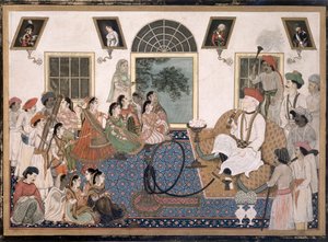 Europejczyk, prawdopodobnie Sir David Ochterlony (1758-1825), w indyjskim stroju, palący fajkę wodną i oglądający nauta w swoim domu w Delhi, ok. 1820 r. (tusz i kolor na papierze) autorstwa Persian School