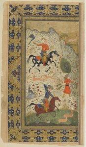 Królewskie polowanie z Shahnama (Księga królów) Firdawsiego, ok. 1590-1600 (atrament, nieprzezroczysta akwarela i złoto na papierze) autorstwa Persian School