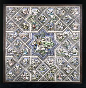 Panel z płytek ceramicznych przedstawiający polowanie na Bahram Gur i kilka innych postaci w różnych scenach, koniec XIX wieku autorstwa Persian School