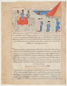 Ambasada Indii przed sułtanem Mahmudem Ghanzną, z „Majmal al-Tawarikh” z Hafiz-e Abru, ok. 1425 (tusz i akwarela ze złotem na papierze) autorstwa Persian School