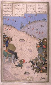 Bahram Chubina, jego słoń zabity, Walki na piechotę, ilustracja z Shahnama (Księgi Królów), autorstwa Abul-Qasima Manura Firdawsiego (ok.934-c.1020) ok.1440-45 (pióro, atrament i toaleta na welinie) autorstwa Persian School