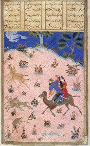 Bahram Gur Hunting With Azada, ilustracja z Shahnama (Księgi Królów), Abul-Qasim Manur Firdawsi (ok.934-c.1020) ok.1440-45 (pióro, atrament i toaleta na welinie) autorstwa Persian School