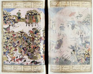 Bitwa między Isfandiyar i Arjasp, ilustracja z Shahnama (Księgi Królów), autorstwa Abul-Qasima Manura Firdawsiego (ok.934-c.1020) ok.1440-45 (pióro, atrament i toaleta na welinie) autorstwa Persian School