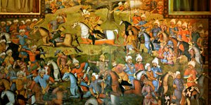 Bitwa pod Taher-Abad lub bitwa pod Merv ze zwycięstwem Szacha Ismaila I nad Muhammadem Shaybani Chanem, sala recepcyjna, Chehel Sotun, 1647 autorstwa Persian School