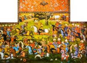 Bitwa pod Taher-Abad lub bitwa pod Merv ze zwycięstwem Szacha Ismaila I nad Muhammadem Shaybani Chanem, sala recepcyjna, Chehel Sotun, 1647 autorstwa Persian School