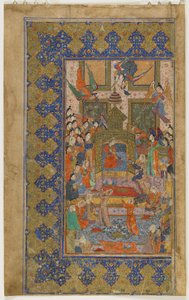 Bilqis na tronie z Khamsa (Quintet), ok. 1560 (nieprzezroczysta akwarela, atrament i złoto na papierze) autorstwa Persian School