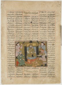 Śmierć Sudaby z ręki Rustama, z Shahnama (Księgi Królów) Firdawsiego (zm. 1020) (nieprzezroczysta akwarela, atrament, złoto i srebro na papierze) autorstwa Persian School