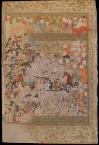 Folio z Rawzat al-safa (Ogrodu szczęścia) Mirkhwanda (zm. 1498); recto: Bitwa z Bizantyjczykami o Aleppo, Sziraz, Iran, okres Safawidów, 1571-72 (nieprzezroczysta akwarela, atrament i złoto na autorstwa Persian School