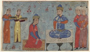 Folio z Shahnama (Księgi Królów) Firdawsiego (zm. 1020); recto: Sindukht Before Sam, Iran (nieprzezroczysta akwarela, tusz i złoto na papierze) autorstwa Persian School