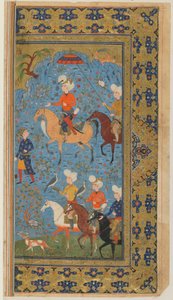 Folio z Shahnama (Księgi Królów) Firdawsiego; Królewskie polowanie, Iran, ok. 1590-1600 (nieprzezroczysta akwarela, tusz i złoto na papierze) autorstwa Persian School