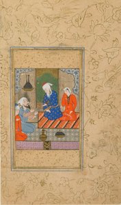 Folio z Yusuf u Zulaykha autorstwa Jami (zm. 1492); Zulaykha i starszy mężczyzna Posłuchaj rozmowy, prawdopodobnie Mashhad, Iran, ok. 1560-70 (nieprzezroczysta akwarela, atrament i złoto na papierze) autorstwa Persian School