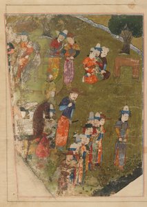 Folio z Zafarnamy; recto: Timur udziela audiencji z okazji wstąpienia na tron w Balch; odwrócona: tekst, Sziraz, Iran, okres Timurydów, 1436 (nieprzezroczysta akwarela, tusz i złoto na pa autorstwa Persian School