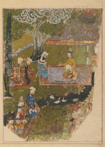 Folio z Zafarnamy; verso: Timur udziela audiencji z okazji wstąpienia na tron w Balch, Sziraz, Iran, okres Timurydów (nieprzezroczysta akwarela, atrament i złoto na papierze) autorstwa Persian School