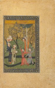 Folio z niezidentyfikowanego tekstu; Książę i księżniczka otoczeni przez dworzan w ogrodzie, Iran, okres turkomański, ok. 1480 (nieprzezroczysta akwarela, atrament i złoto na papierze) autorstwa Persian School