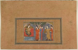 Folio z niezidentyfikowanego tekstu; Księżniczka na tronie, Iran, ok. 1440-50 (nieprzezroczysta akwarela, atrament i złoto na papierze) autorstwa Persian School