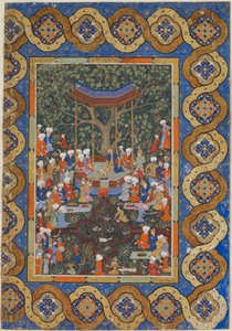 Folio z niezidentyfikowanego tekstu; Władca w pawilonie ogrodowym w otoczeniu dworzan i sług (nieprzezroczysta akwarela, tusz i złoto na papierze) autorstwa Persian School