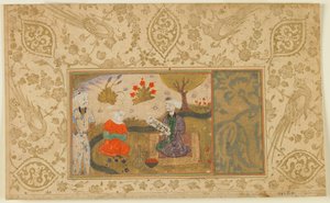 Folio z niezidentyfikowanego tekstu; Kobieta rozmawia z siedzącym mężczyzną nad strumieniem, Iran, ok. 1500 (nieprzezroczysta akwarela, atrament i złoto na papierze) autorstwa Persian School