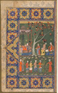 Folio z niezidentyfikowanego tekstu; recto: Przyjęcie w ogrodzie, Sziraz, Iran, ok. 1570 (nieprzezroczysta akwarela, tusz i złoto na papierze) autorstwa Persian School