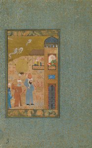 Folio z niezidentyfikowanego tekstu; verso: Dwóch mężczyzn niosących dzbany zbliża się do budynku, Sziraz, Iran, ok. 1520 (nieprzezroczysta akwarela, atrament i złoto na papierze) autorstwa Persian School