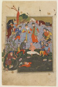 Garsivaz jest chłostany, podczas gdy Afrasiyab jest wyciągany z jeziora z Shahnama autorstwa Persian School