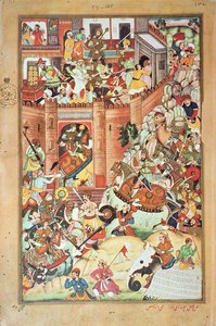 Czyngis-chan chwyta chińskie miasto, miniaturę z „Perskiej historii Czyngis-chana” ukończonej w 1596 roku autorstwa Persian School