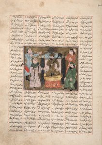Gordiyeh radzi swojemu bratu Bahramowi Chubinehowi, aby nie aspirował do tronu perskiego, ok. 1330 (nieprzezroczysta toaleta, złoto i atrament na papierze) autorstwa Persian School