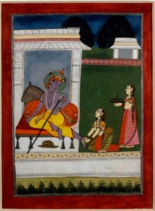 Hinduizm: „”Kryszna odpoczywa””” Kolejny matuje stopy. Perska miniatura szkoły indyjskiej z XVII wieku. Rennes, Muzeum Sztuk Pięknych autorstwa Persian School