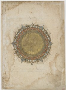 Podświetlany medalion z dwoma ozdobnymi bordiurami, folio z niezidentyfikowanego tekstu, Iran, XIII-XIV w. (nieprzezroczysta akwarela i złoto na papierze) autorstwa Persian School