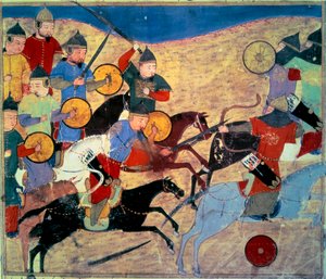 Wyciek Noqai (Kara Nogai Khan (Noghai, Noqai, Nokhai, Nogay, prawnuk Czyngis-chana, zm. 1299). Jeźdźcy mongolscy. Rękopis perski namalowany „Suma historii (Djame al-tavarikh) (Djame al-tavarikh)” ” (Folio 155v), napisany przez Rachida al-Din Fazl autorstwa Persian School