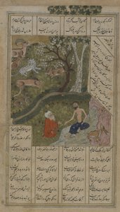 Majnun odwiedzony w dziczy przez Szejka Salima, folio z Layla u-Majnun autorstwa Nizami (zm. 1209) 1475-1500 (nieprzezroczysta akwarela, atrament i złoto na papierze) autorstwa Persian School