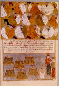 Mongolskie namioty i więźniowie Czyngis-chana (1162-1227): Czyngis-chan ma wyznawców Djamuqua, Mongoła z plemienia Dżadżirat wrzuconych do kotłów. Perska miniatura zaczerpnięta z „”Jami al-tawarikh”” (Jami al tawarikh) lub „”Universal History”” autorstwa Persian School