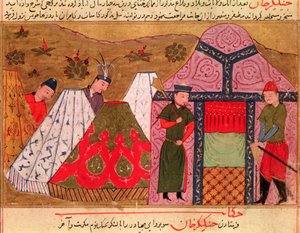Pani Suppers1113. fol. 66v Obóz Czyngis-chana (ok.1162-1227) z książki Raszida al-Dina (1247-1318) autorstwa Persian School
