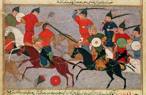 Pani Pers.113 f.49 Czyngis-chan (ok.1162-1227) w bitwie, z książki Raszida al-Dina (1247-1318) (gwasz)