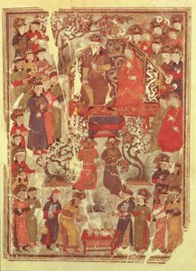 Pani Supp. os. 1113 f.126v Czyngis-chan i jego żona Bortei na tronie przed dworzanami, folio z księgi zatytułowanej Jami al Tawarikh (Historia Powszechna) Raszida ad-Dina (1247-1318) autorstwa Persian School