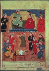 Pani Wsparcie. Zwierzęta. 1113 fol.203v Arhaan Khan z dwiema żonami i synem Ghazanem, z książki Raszida ad-Dina (1247-1318) autorstwa Persian School