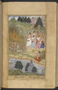 Or.12076 f.130v Arjuna palący ciała po bitwie między Andhakami i Yadavas w Prabhasa na wybrzeżu Gujarat. Ghee jest wylewane na stos pogrzebowy (Narayan) z Razmnāmah (ʻKsięga Wojnyʼ), tłumaczenie Mahabharaty przez Naqiba autorstwa Persian School