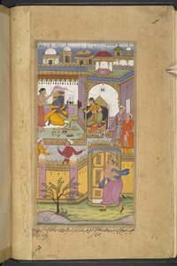 Or.12076 f.13v Bhima przybywający do zamku Dvaraka, aby zaprosić Krisznę do ‘asvamedha’. Kryszna, który jest ze swoją żoną Satyabhamą, udaje, że nie słyszy. (Bhawani) z „Razmnāmah” (ʻKsięga wojnyʼ), tłumaczenie Mahabharaty przez Naqib Khana autorstwa Persian School