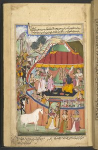 Or.12076 f.17r Koń zabrany do „zanany”, aby żony Kryszny i kobiety z Pandawów mogły go zobaczyć. Kryszna pije z Yudhisthira. (Bhagwan) z „Razmnāmah” (ʻKsięga wojnyʼ), tłumaczenie Mahabharaty przez Naqiba Khana autorstwa Persian School