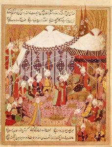 Or.1359 fol. 35 v. Sultan Bayazid schwytany przez Timura, 1402 z Zafarnamy 1533 (atrament na welinie) autorstwa Persian School