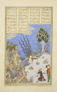 Perski 239 fol.16b Simurgh przywraca Z?l do S?m, ilustracja z Szahnamy (Księgi Królów), autor Abul-Qasim Mansur Firdawsi (ok.934-c.1020) , 1444 autorstwa Persian School