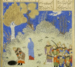 Perski 239 fol.180a Szczegół: Rustam ratuje Bhana z dołu, ilustracja z Szahnamy (Księgi Królów), autor Abul-Qasim Mansur Firdawsi (ok. 934-ok. 1020), 1444 r. autorstwa Persian School