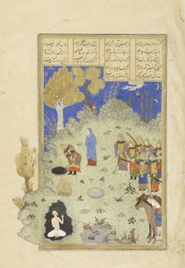 Perski 239 fol.180a Rustam ratuje B?zhana z dołu, ilustracja z Szahnamy (Księgi Królów), autor Abul-Qasim Mansur Firdawsi (ok.934-ok.1020), 1444 autorstwa Persian School