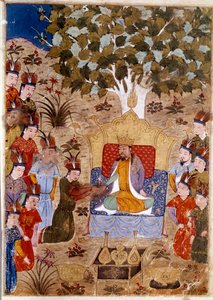 Reprezentacja Chaghtai Chana (1227-1242) na tronie, jest synem Czyngis-chana na koniu. Perska miniatura zaczerpnięta z Jami al-Tawarikh” (Jami al tawarikh) lub „”Historia uniwersalna”” przez historyka Rashida al-dina (al din) (1247-1318) Około 1430 r. autorstwa Persian School