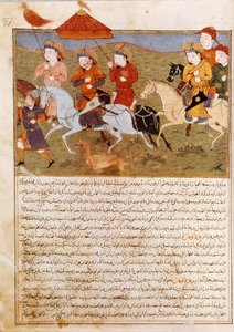 Reprezentacja Houlagou Chana, wnuka jeździeckiego Czyngis-chana. Perska miniatura zaczerpnięta z Jami al-Tawarikh” (Jami al tawarikh) lub „”Universal History”” przez historyka Rashida al-dina (aldin) (1247-1318) Około 1430 r. Paryż, B.N. autorstwa Persian School