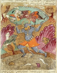 Rostam niesiony przez Akwan-Diwę, ilustracja z Shahnama (Księgi Królów) autorstwa Abul-Qasima Manura Firdawsiego (ok.934-c.1020) 1619 autorstwa Persian School